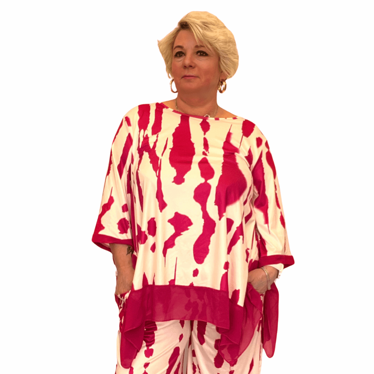 ROCKTHOSECURVES SPLASH EFFECT 3/4 SLEEVE TOP WITH CHIFFON HANKY HEM - FullFab