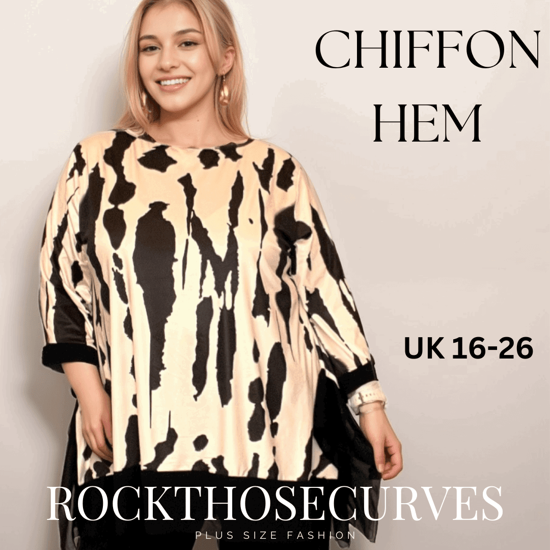 ROCKTHOSECURVES SPLASH EFFECT 3/4 SLEEVE TOP WITH CHIFFON HANKY HEM - FullFab