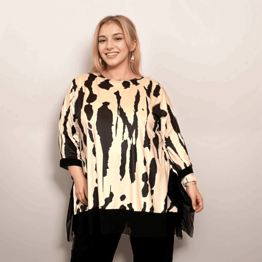 ROCKTHOSECURVES SPLASH EFFECT 3/4 SLEEVE TOP WITH CHIFFON HANKY HEM - FullFab