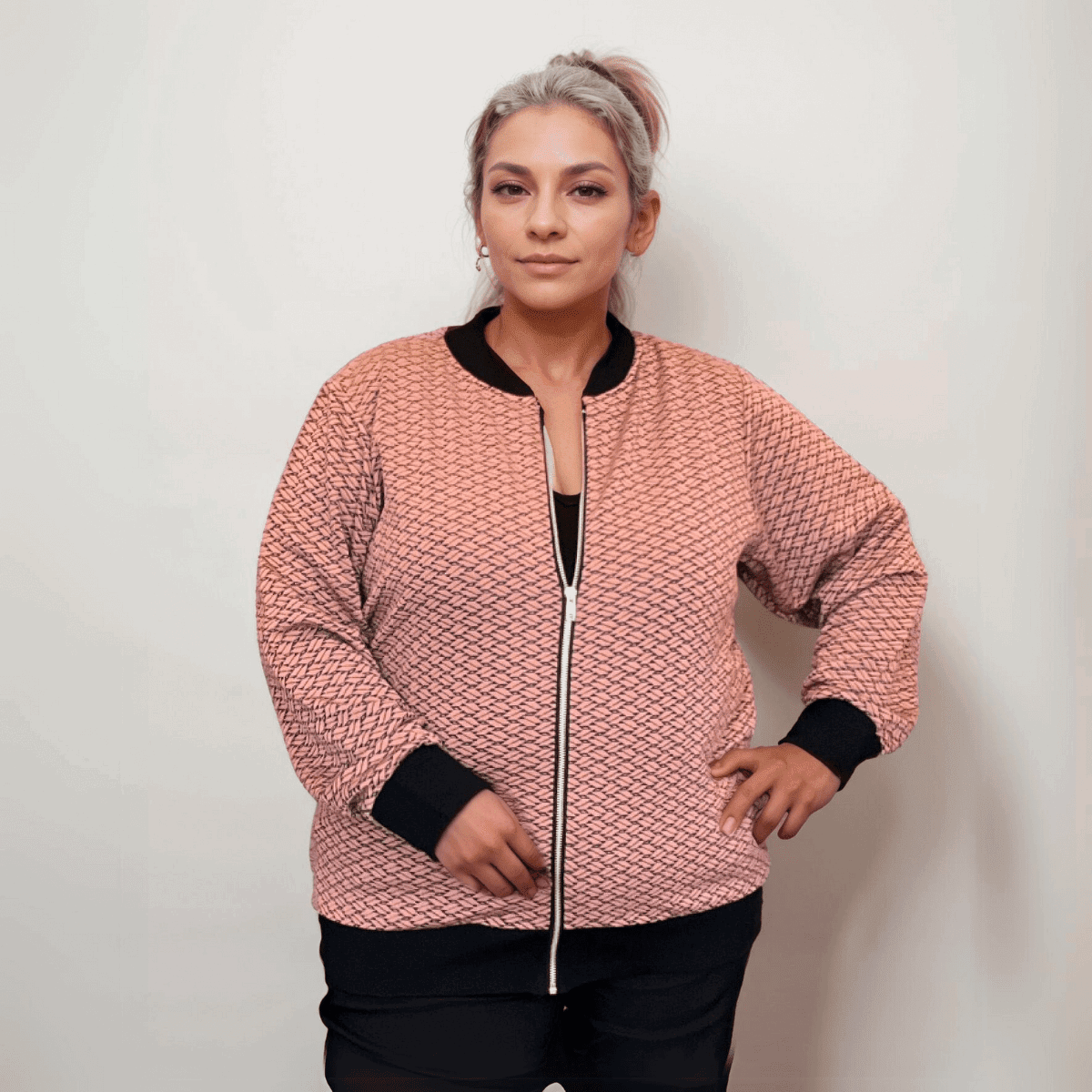 ROCKTHSECURVES BASKET WEAVE PRINT ZIP UP STRETCHY BOMBER JACKET - FullFab