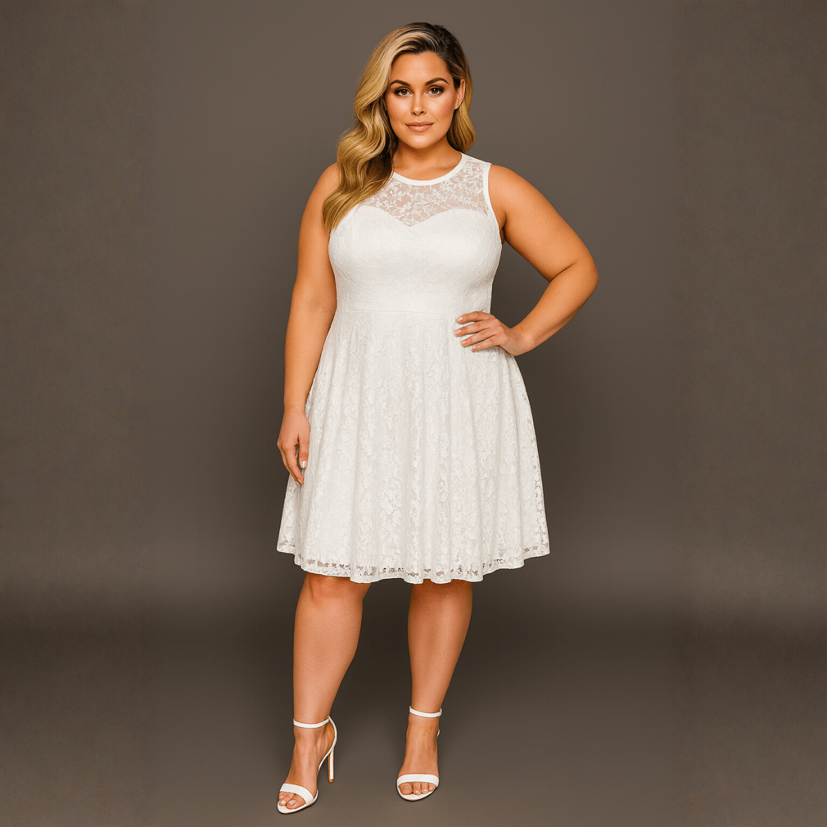 Sleeveless Lace Sweetheart Neckline Skater Dress - FullFab