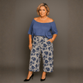 Grey Blue Floral Elastic Waist 3/4 Length Palazzo Trousers / Culottes - FullFab