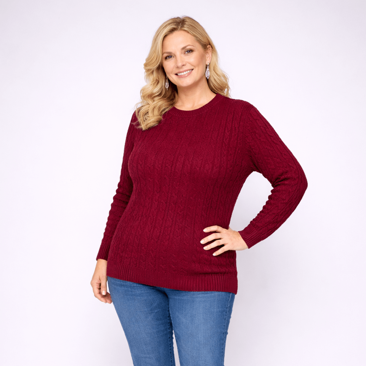 Cable Knit Long Sleeve Round Neck Jumper - FullFab