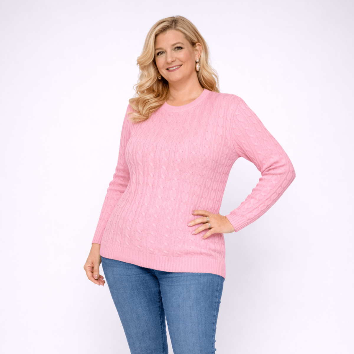 Cable Knit Long Sleeve Round Neck Jumper - FullFab