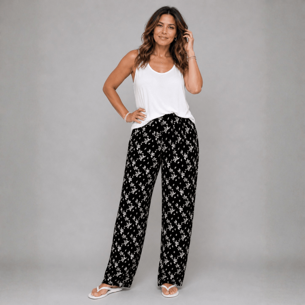 Black White Floral Elastic Waist Trousers - FullFab
