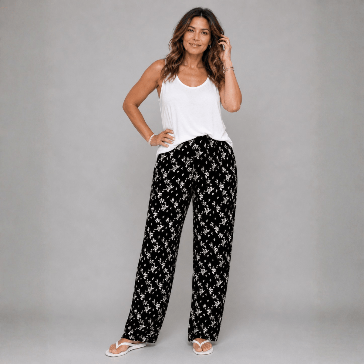 Black White Floral Elastic Waist Trousers - FullFab