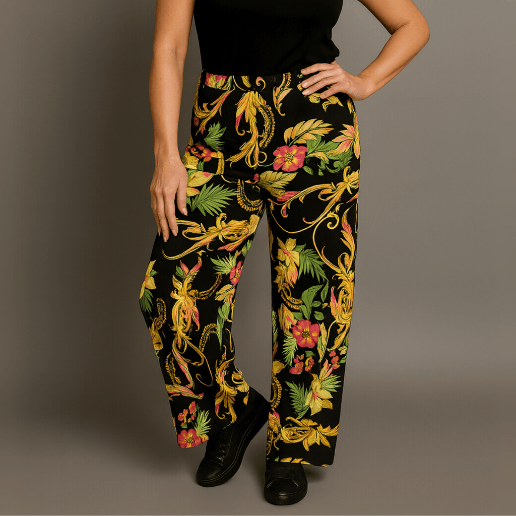 Black Yellow Tropical High Waist Palazzo Trousers - FullFab