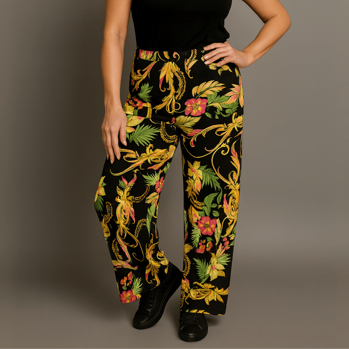 Black Yellow Tropical High Waist Palazzo Trousers - FullFab