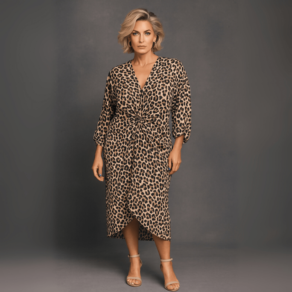 Leopard Print Loose Fitting V-Neck Knot Front Dress - FullFab