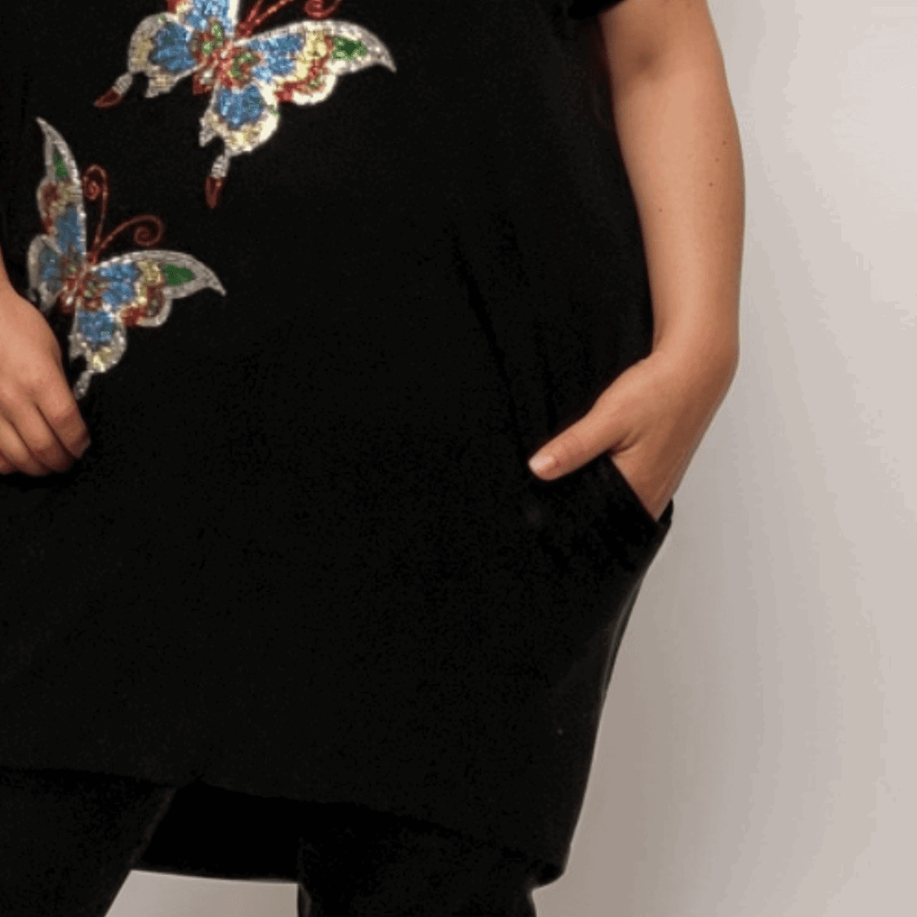 Sequin Butterfly Dipped Hem Top with Pockets - FullFab