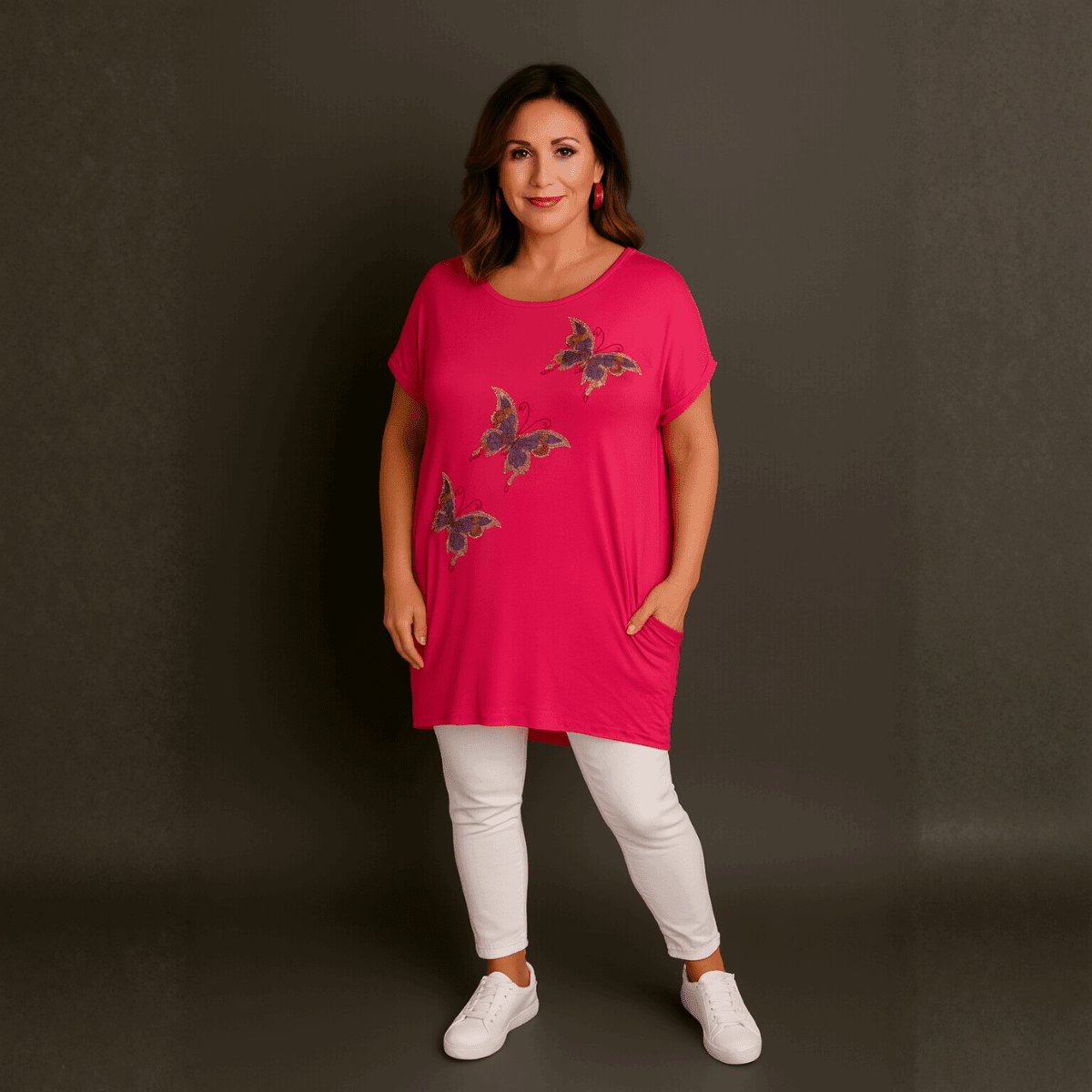 Sequin Butterfly Dipped Hem Top with Pockets - FullFab