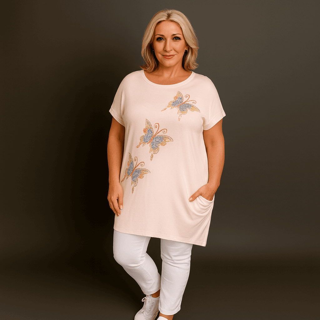 Sequin Butterfly Dipped Hem Top with Pockets - FullFab