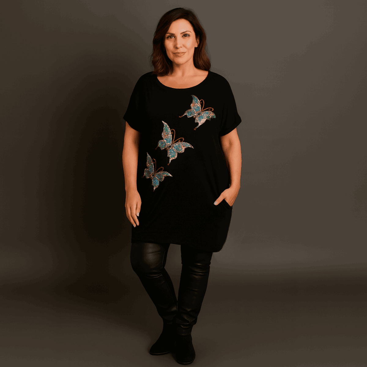 Sequin Butterfly Dipped Hem Top with Pockets - FullFab