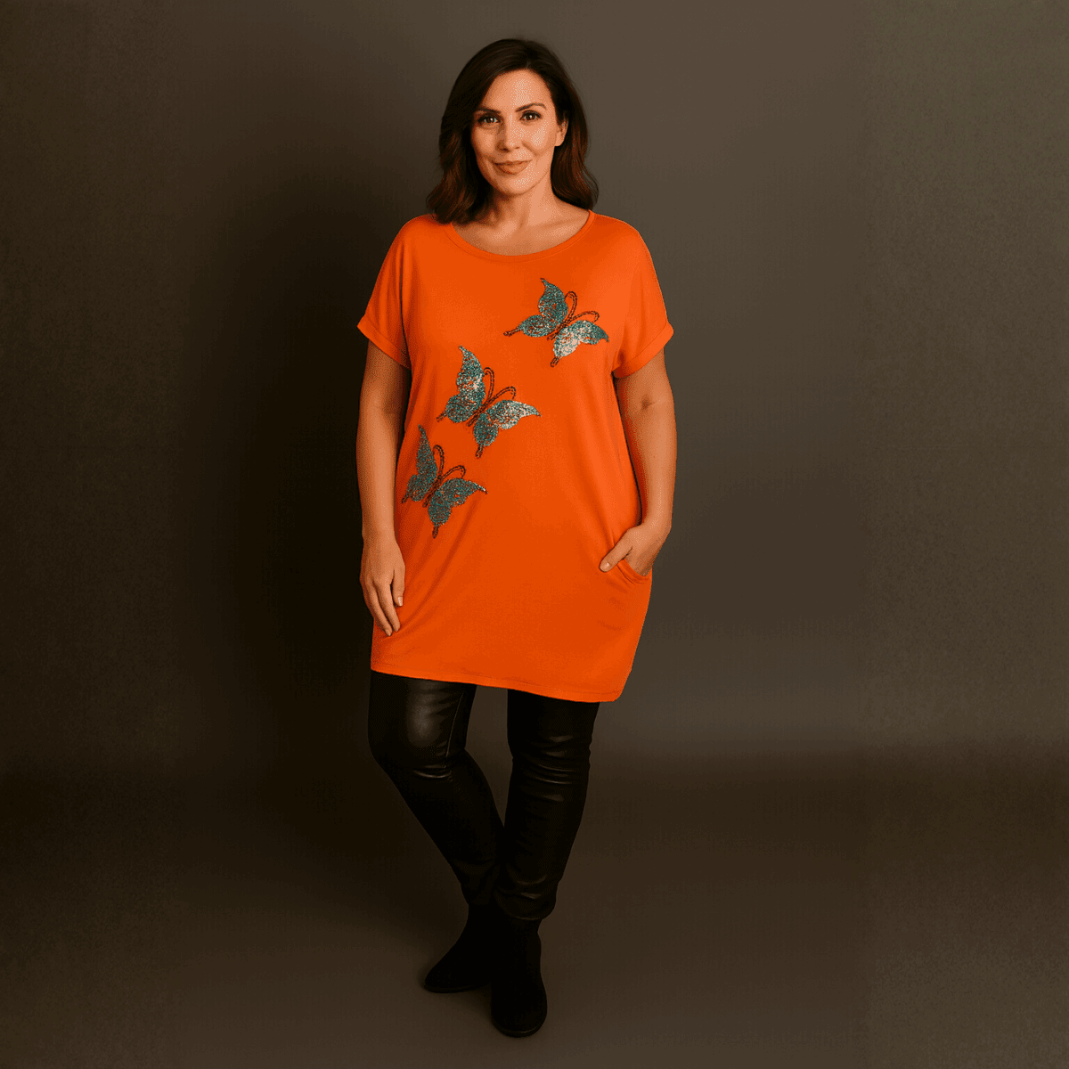 Sequin Butterfly Dipped Hem Top with Pockets - FullFab