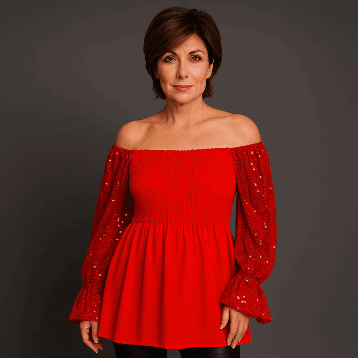 Sequin Sleeve Smocked Front Peplum Party Top - FullFab