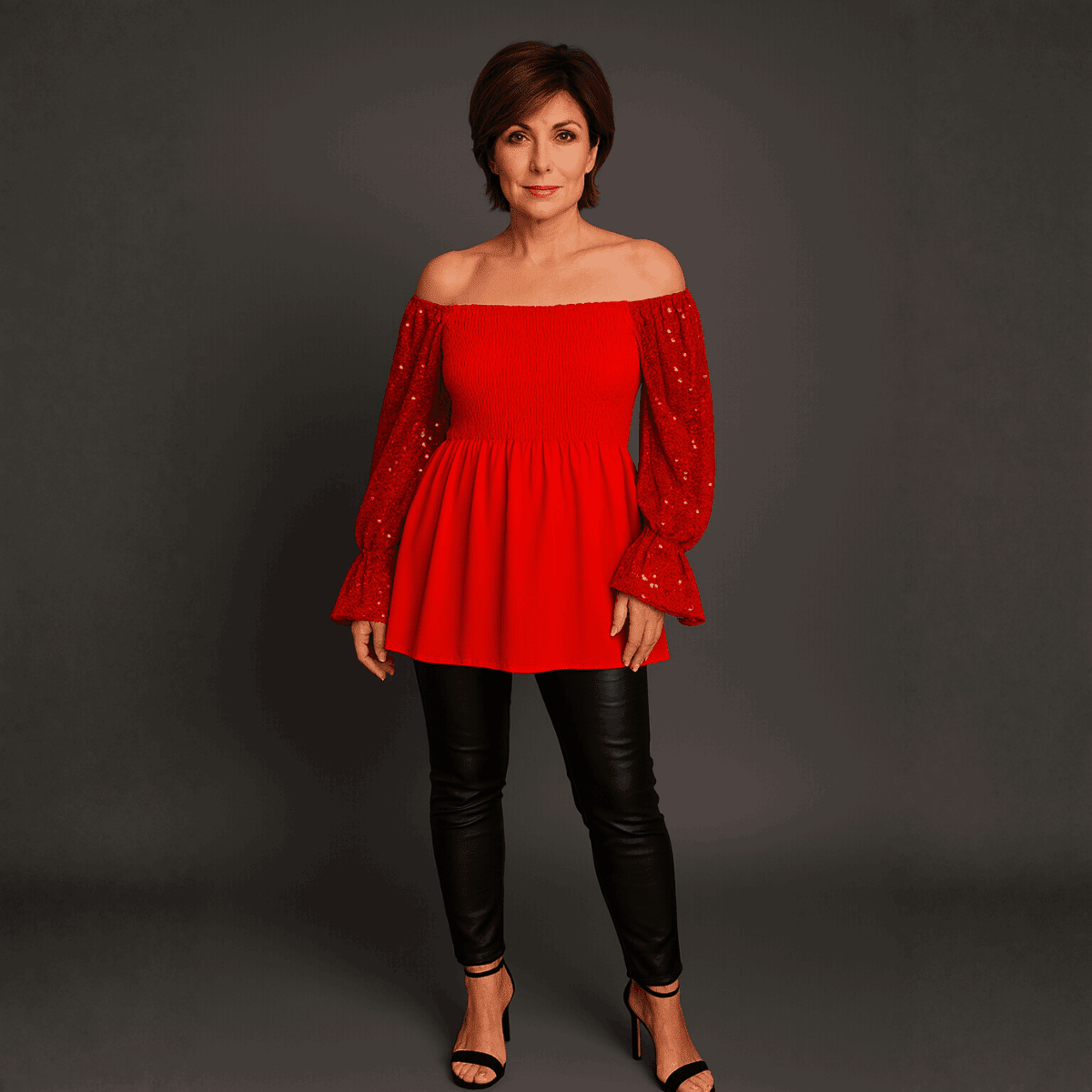 Sequin Sleeve Smocked Front Peplum Party Top - FullFab