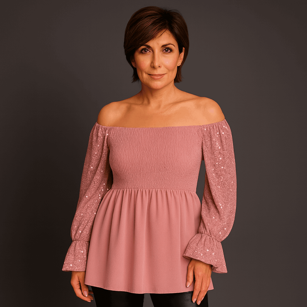 Sequin Sleeve Smocked Front Peplum Party Top - FullFab