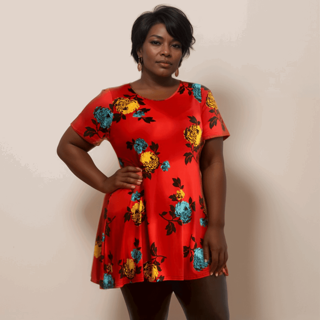 SHORT SLEEVE BRIGHT PEONY PRINT SWING TOP - FullFab