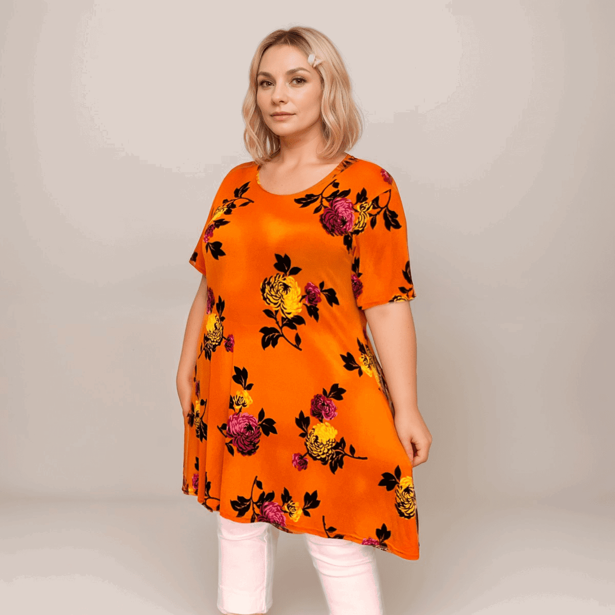 SHORT SLEEVE BRIGHT PEONY PRINT SWING TOP - FullFab