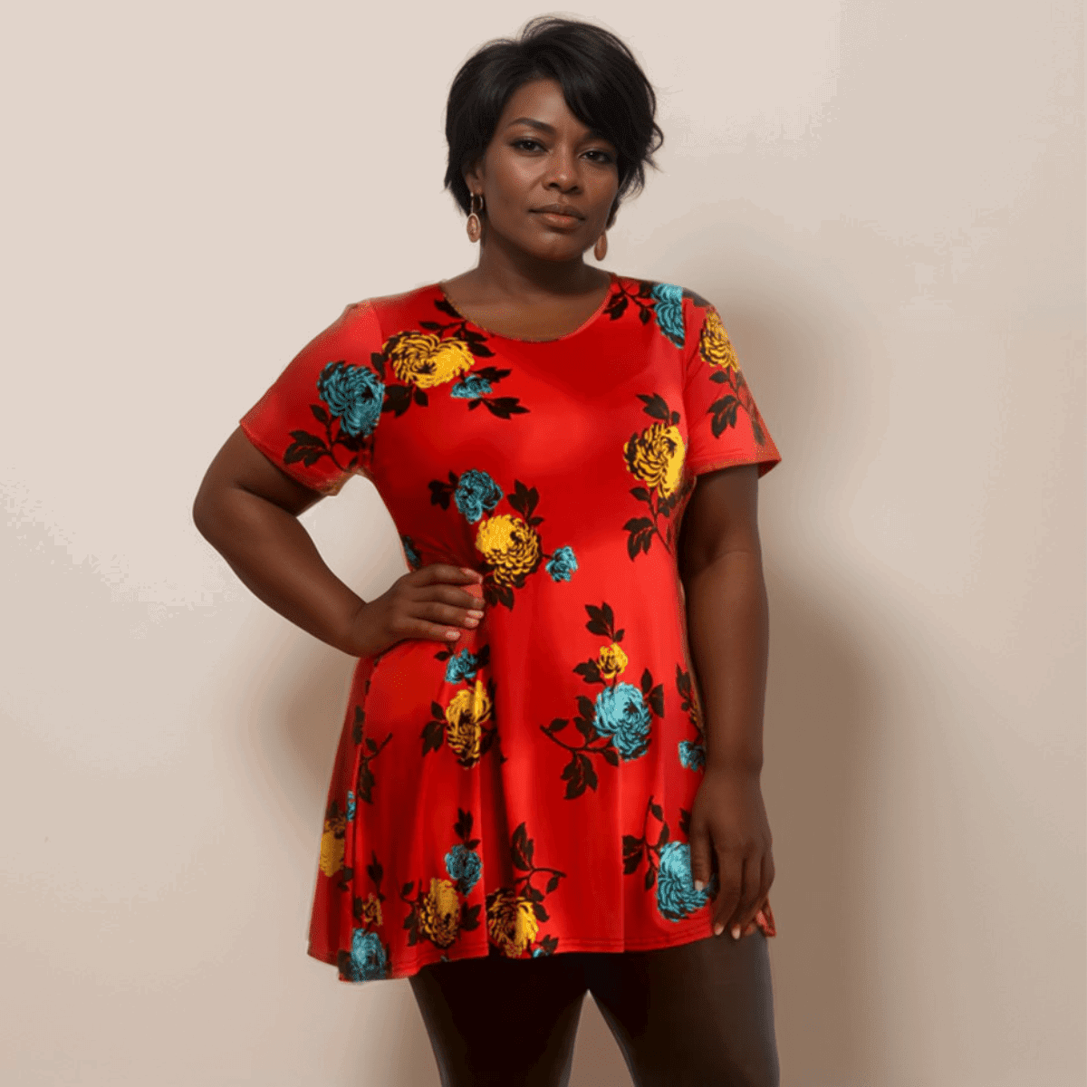 SHORT SLEEVE BRIGHT PEONY PRINT SWING TOP - FullFab