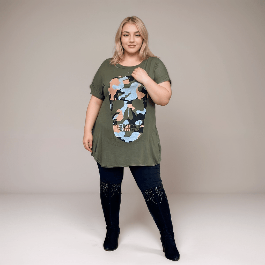 Dipped Hem Short Sleeve Glitter Skull T-Shirt - FullFab