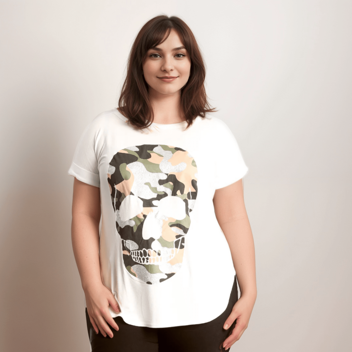 Dipped Hem Short Sleeve Glitter Skull T-Shirt - FullFab
