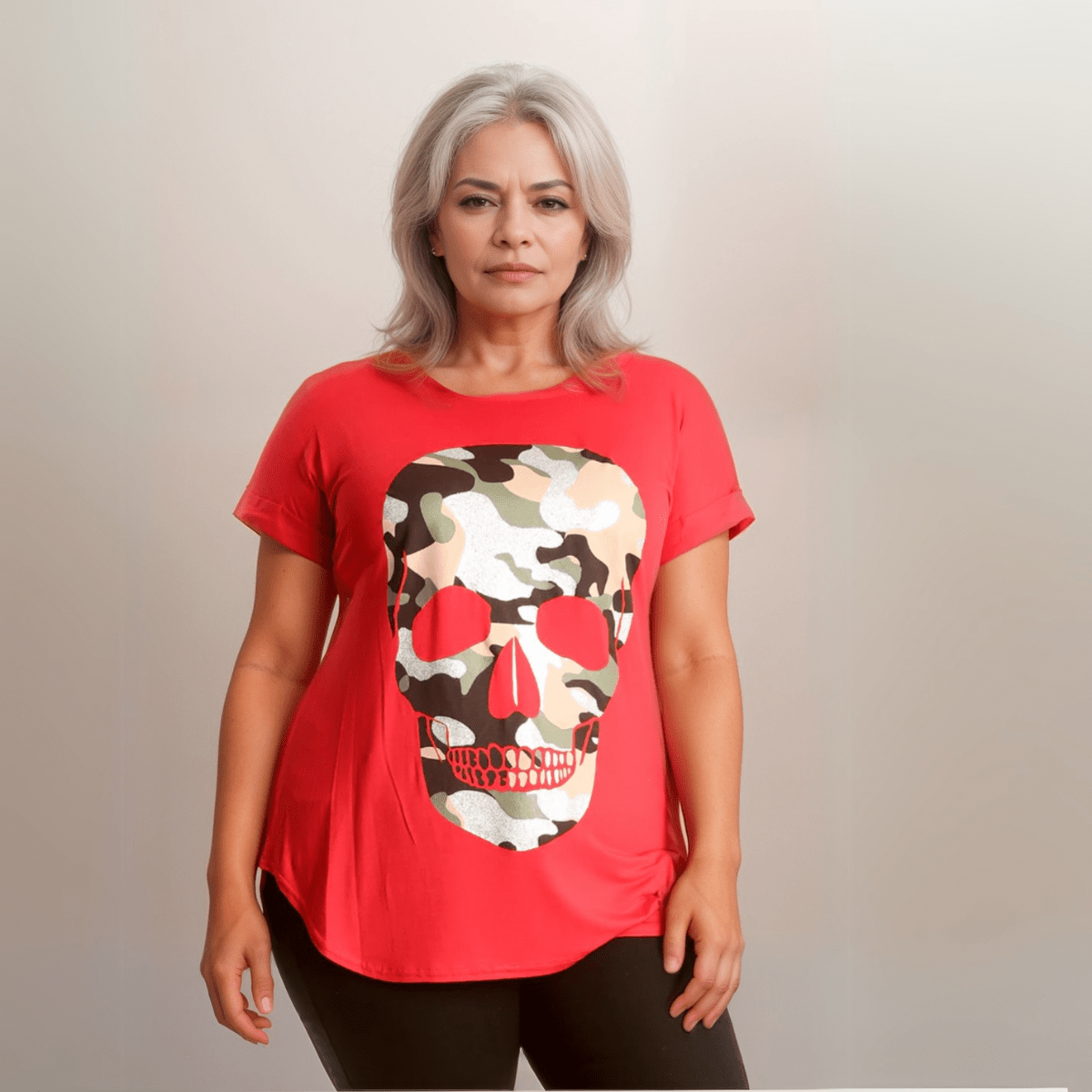 Dipped Hem Short Sleeve Glitter Skull T-Shirt - FullFab