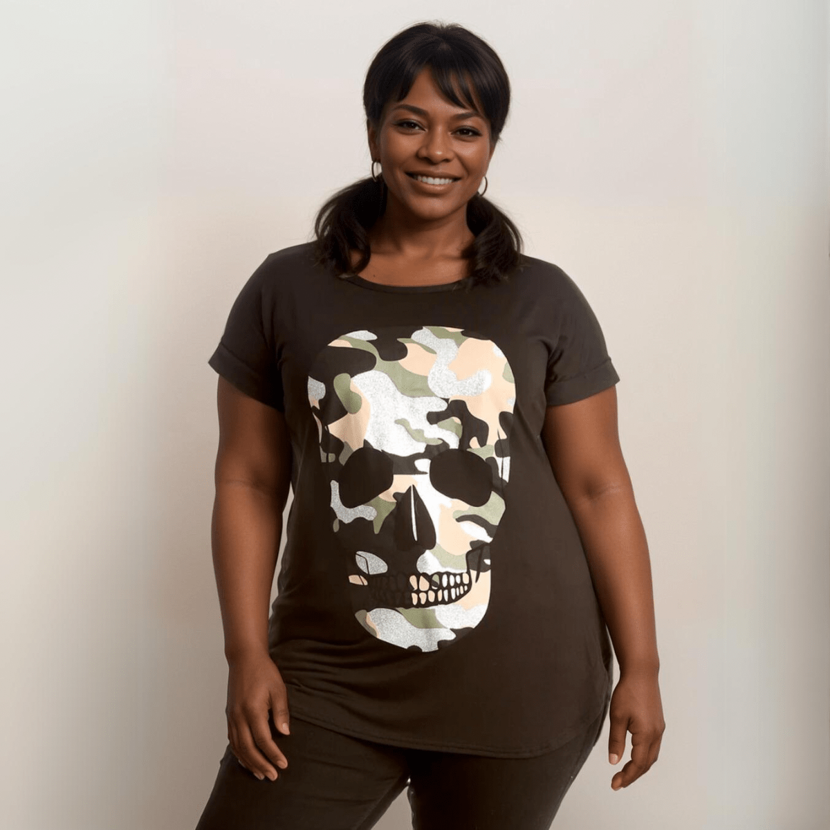 Dipped Hem Short Sleeve Glitter Skull T-Shirt - FullFab