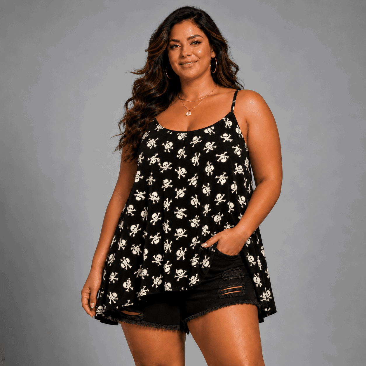 Skull Crossbones Cami Vest Swing Top with Hanky Hem - FullFab