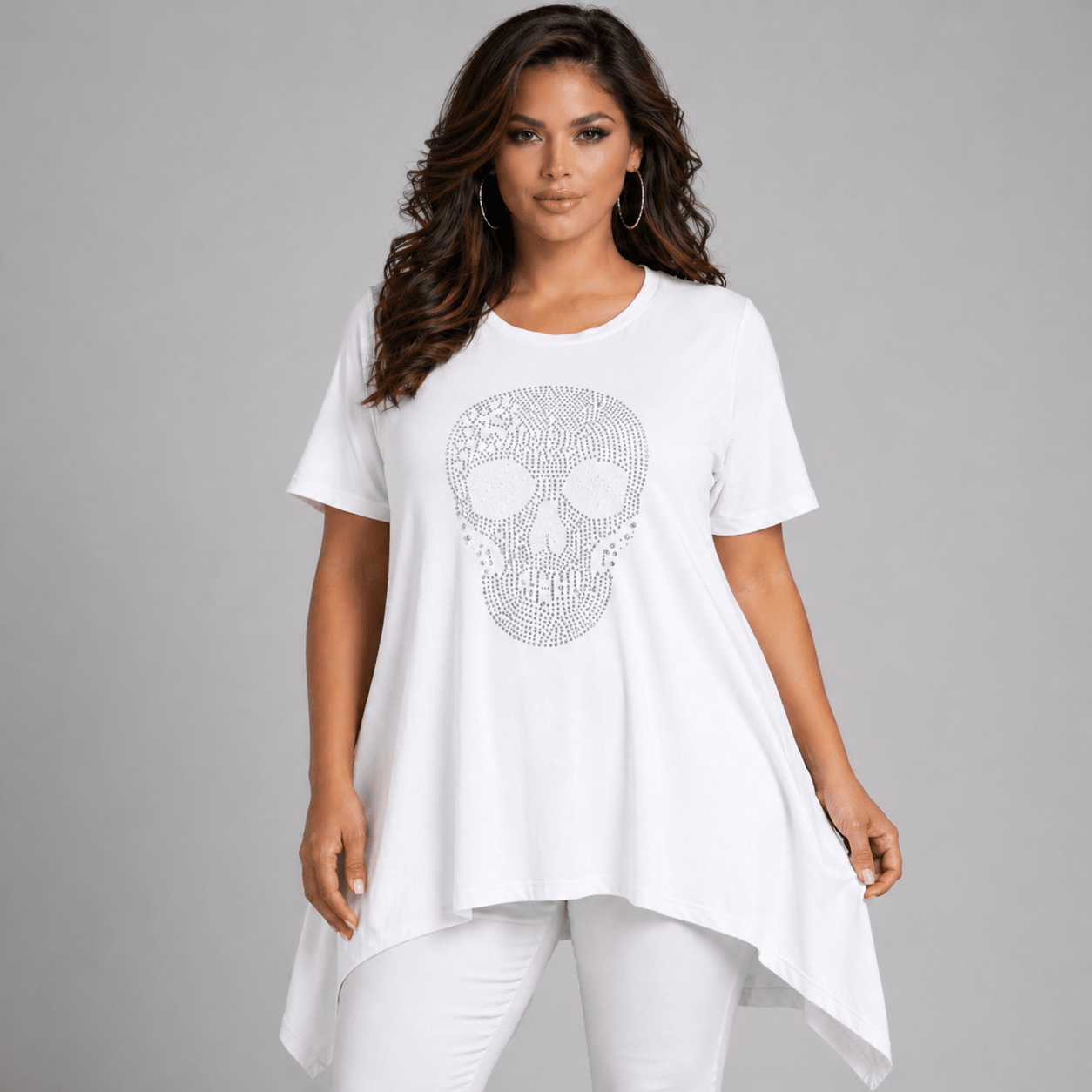 Skull Graphic Tunic Top in white featuring a detailed skull design.