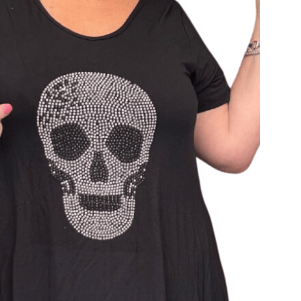 Skull Rhinestone T-Shirt featuring a sparkling skull design on a black background.
