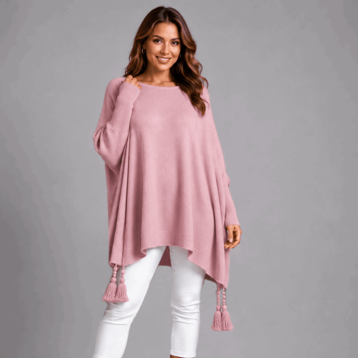 Slash Neck Oversized Jumper with Tassel Detail - FullFab