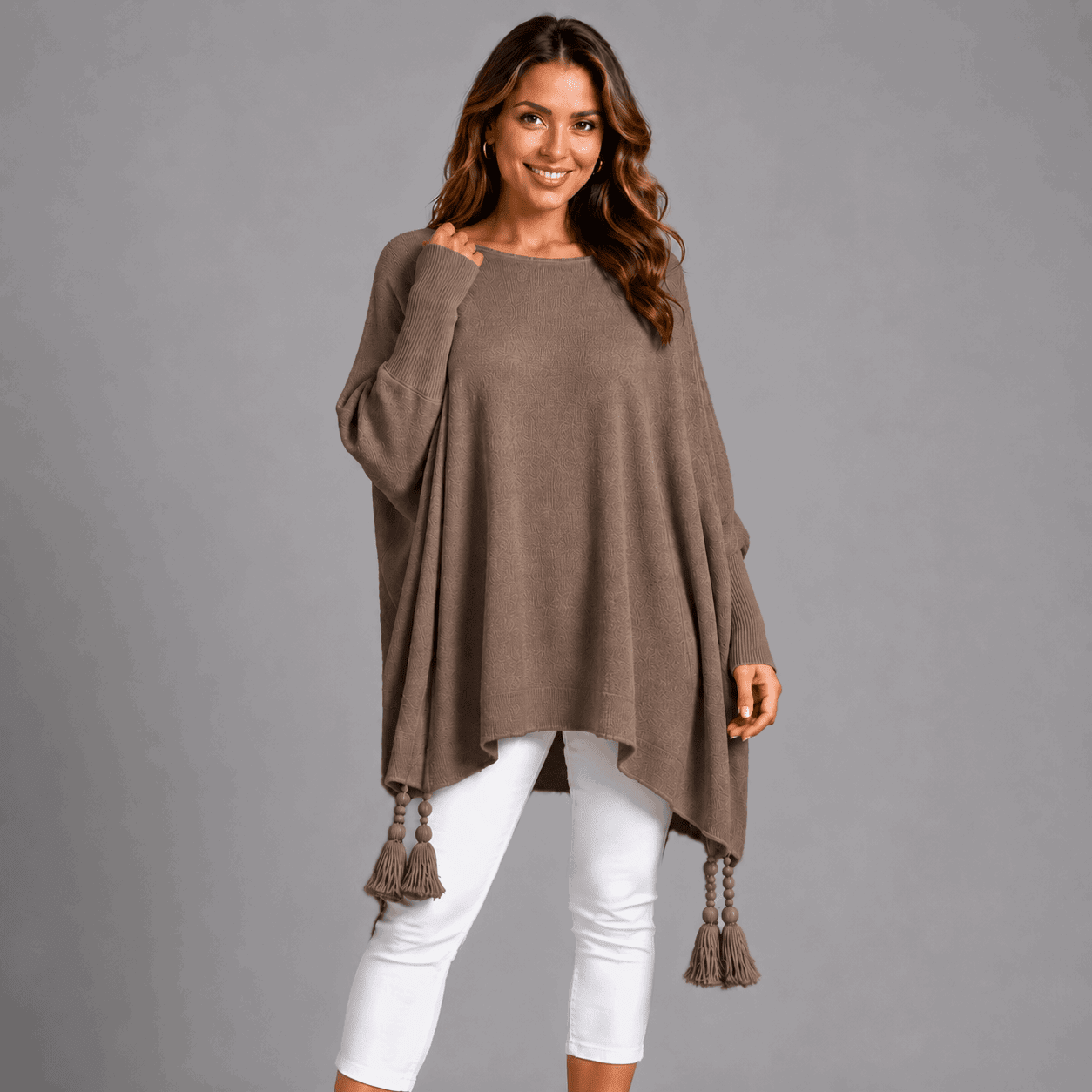 Slash Neck Oversized Jumper with Tassel Detail - FullFab