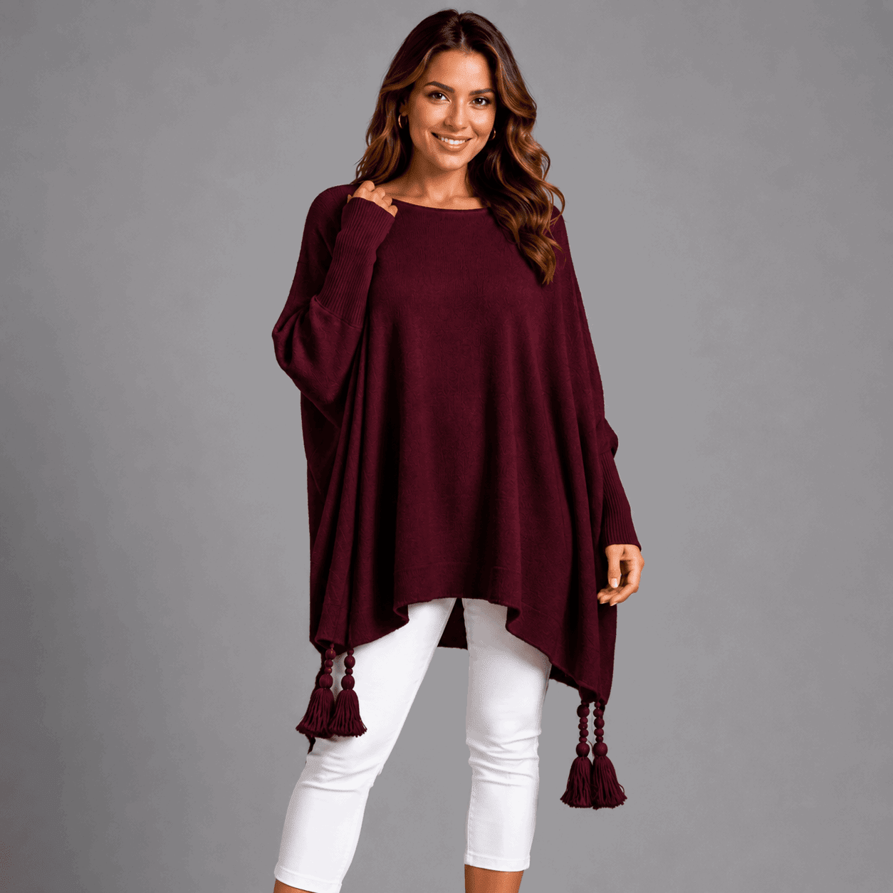 Slash Neck Oversized Jumper with Tassel Detail - FullFab