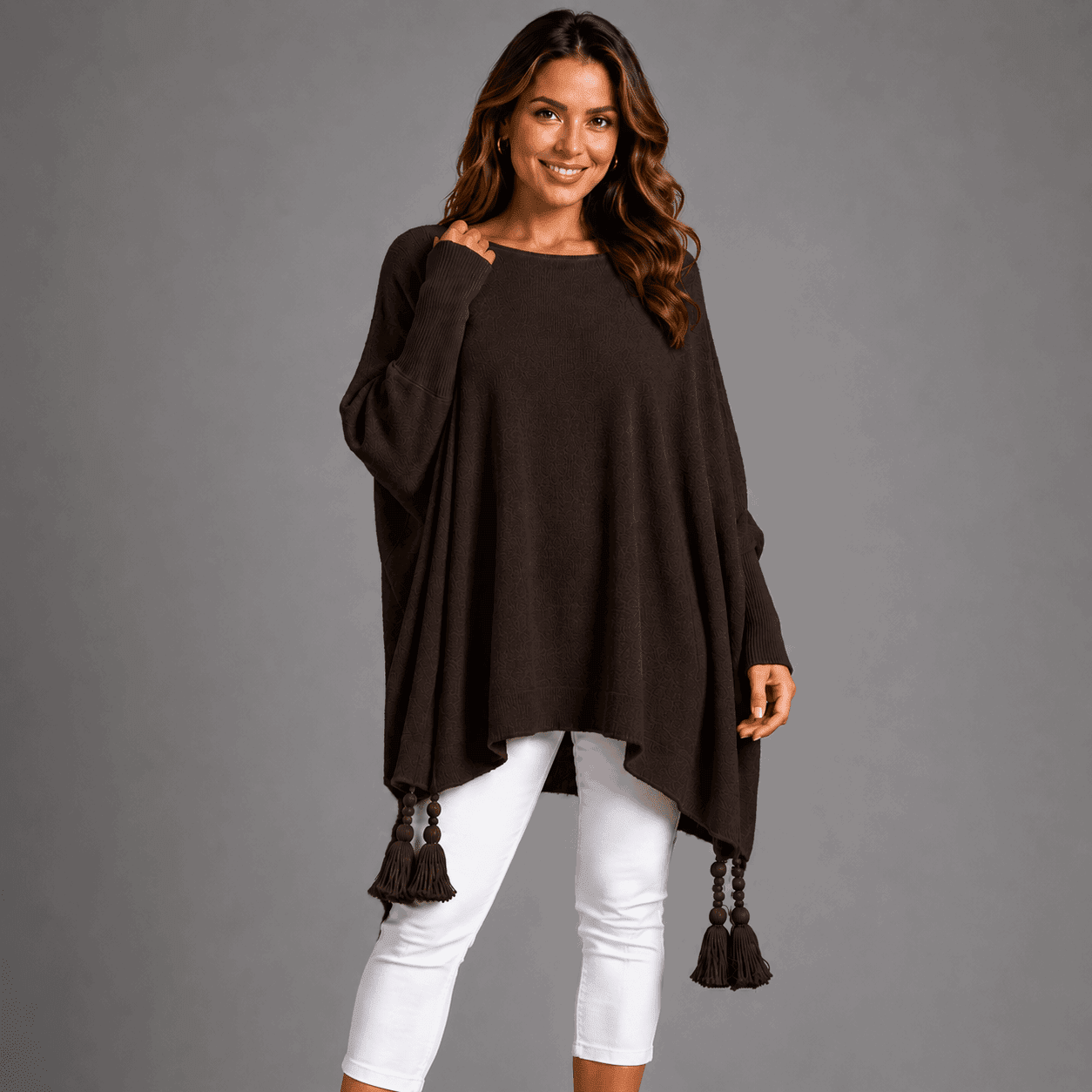 Slash Neck Oversized Jumper with Tassel Detail - FullFab