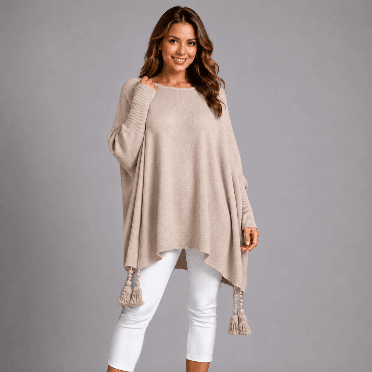Slash Neck Oversized Jumper with Tassel Detail - FullFab