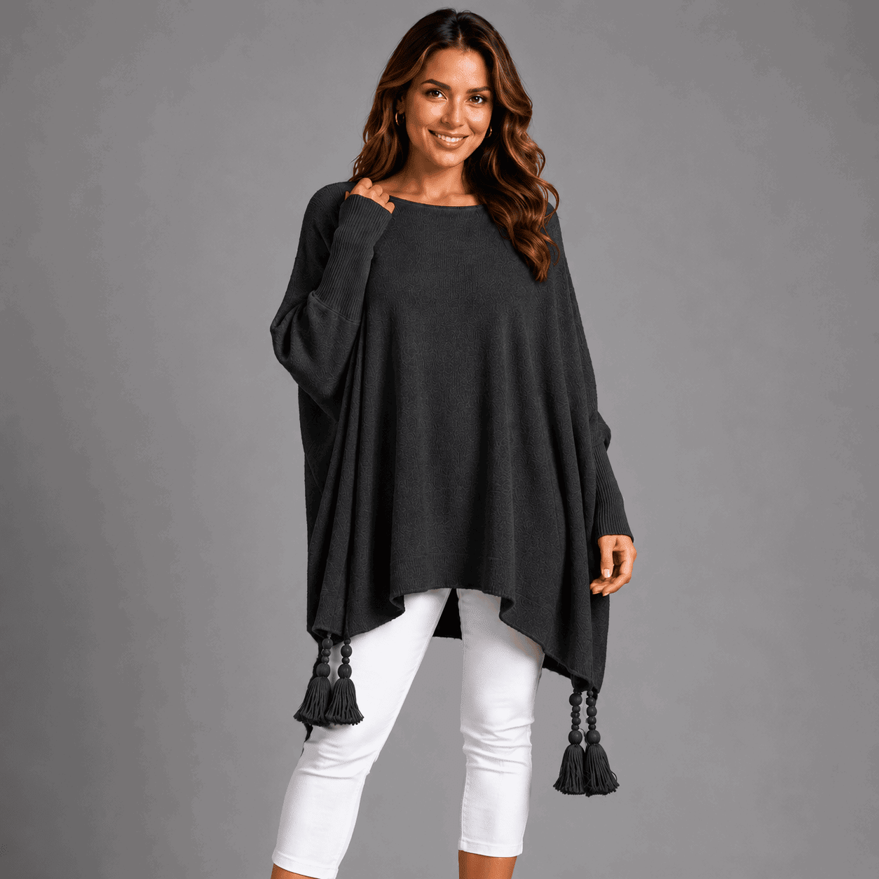 Slash Neck Oversized Jumper with Tassel Detail - FullFab