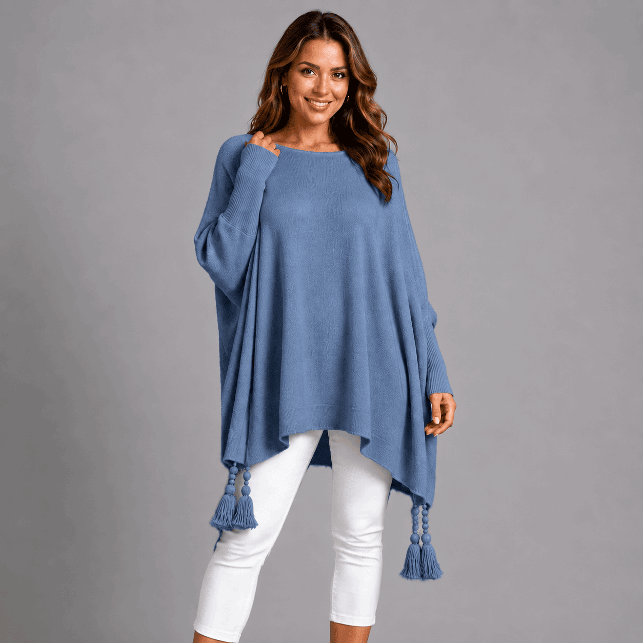 Slash Neck Oversized Jumper with Tassel Detail - FullFab
