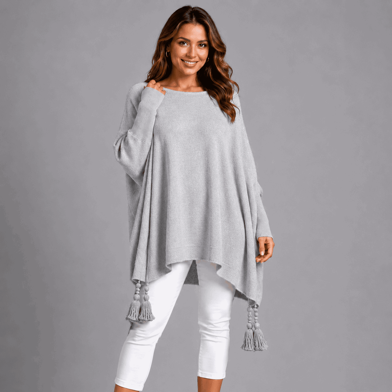 Slash Neck Oversized Jumper with Tassel Detail - FullFab