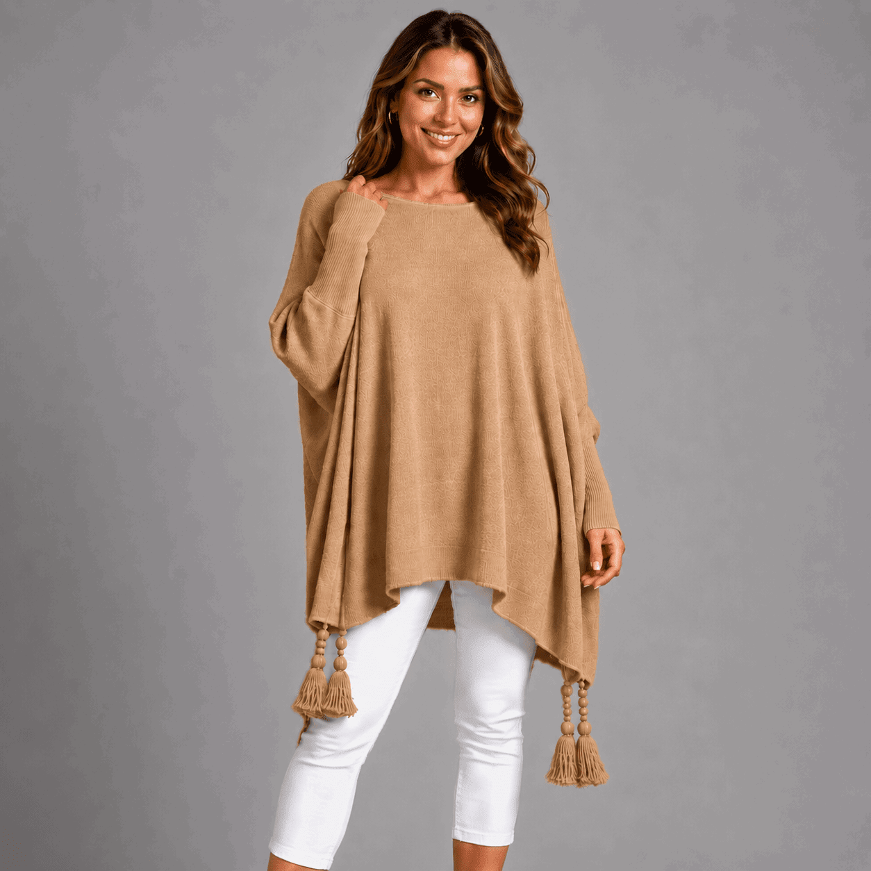Slash Neck Oversized Jumper with Tassel Detail - FullFab