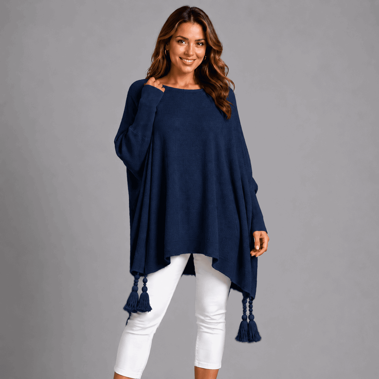 Slash Neck Oversized Jumper with Tassel Detail - FullFab