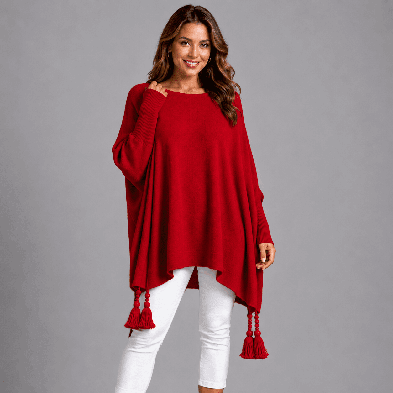 Slash Neck Oversized Jumper with Tassel Detail - FullFab