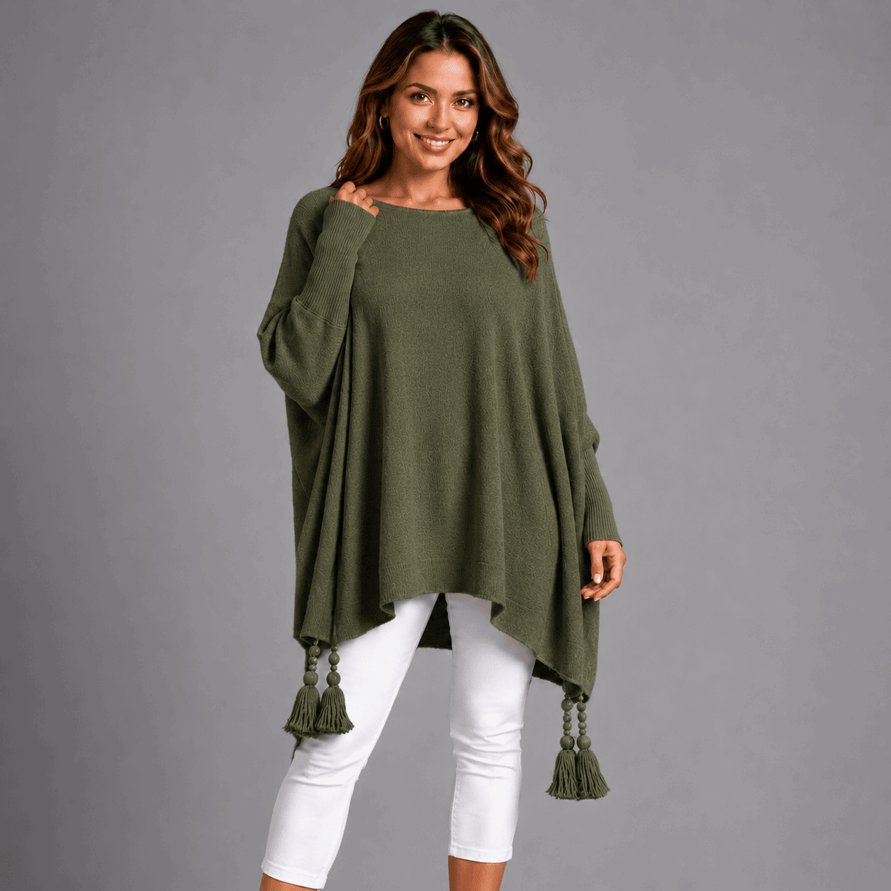Slash Neck Oversized Jumper with Tassel Detail - FullFab