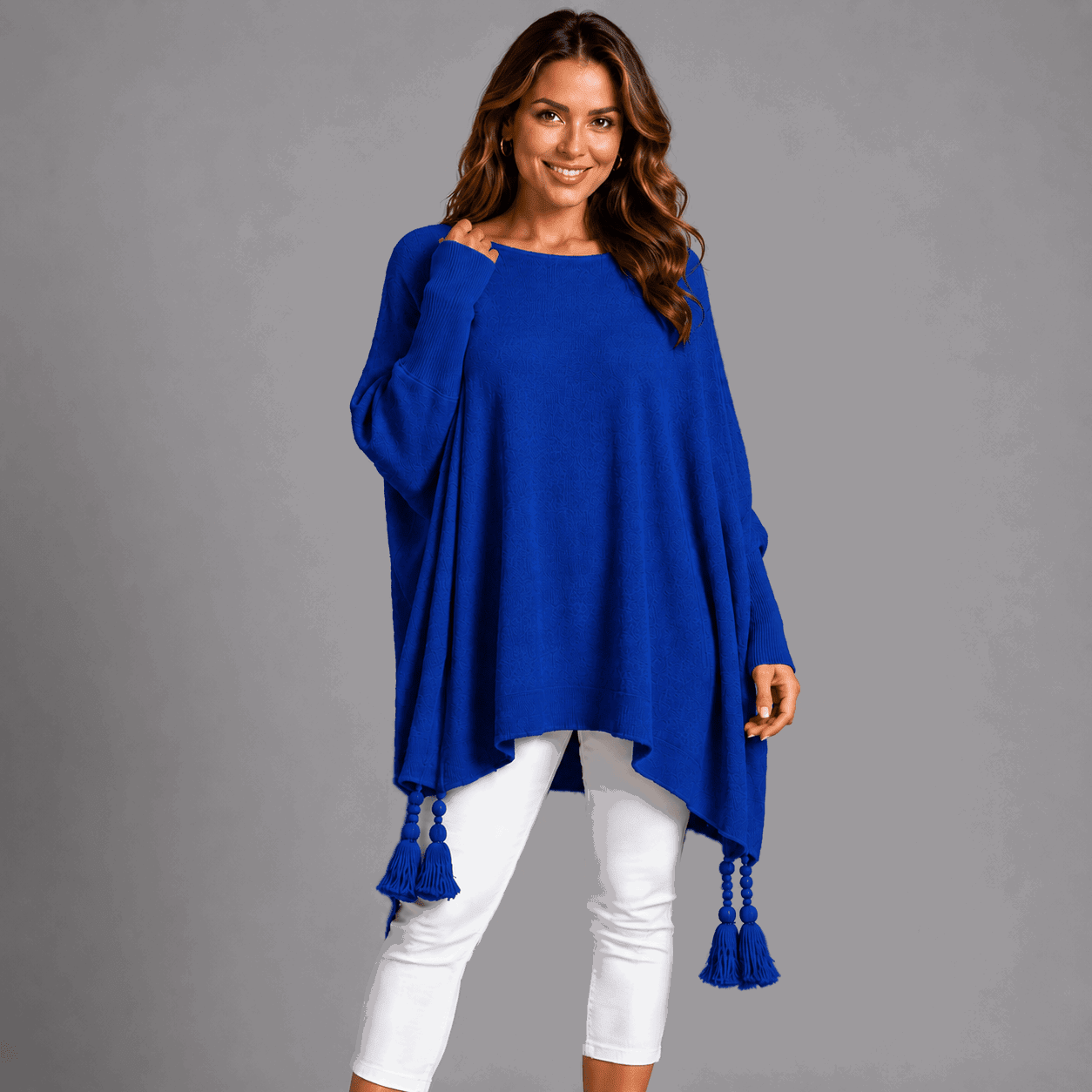 Slash Neck Oversized Jumper with Tassel Detail - FullFab