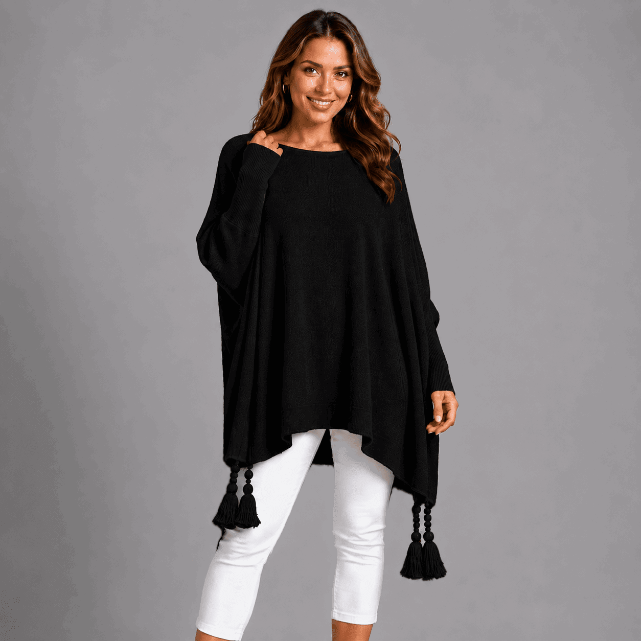 Slash Neck Oversized Jumper with Tassel Detail - FullFab