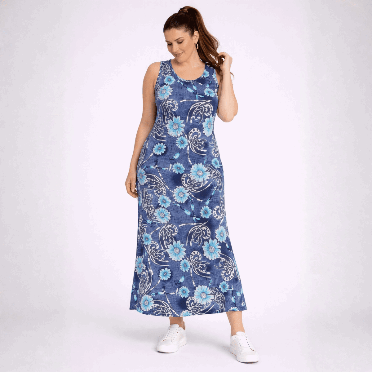 Sleeveless Turquoise + Blue Floral Pattern Maxi Dress - FullFab