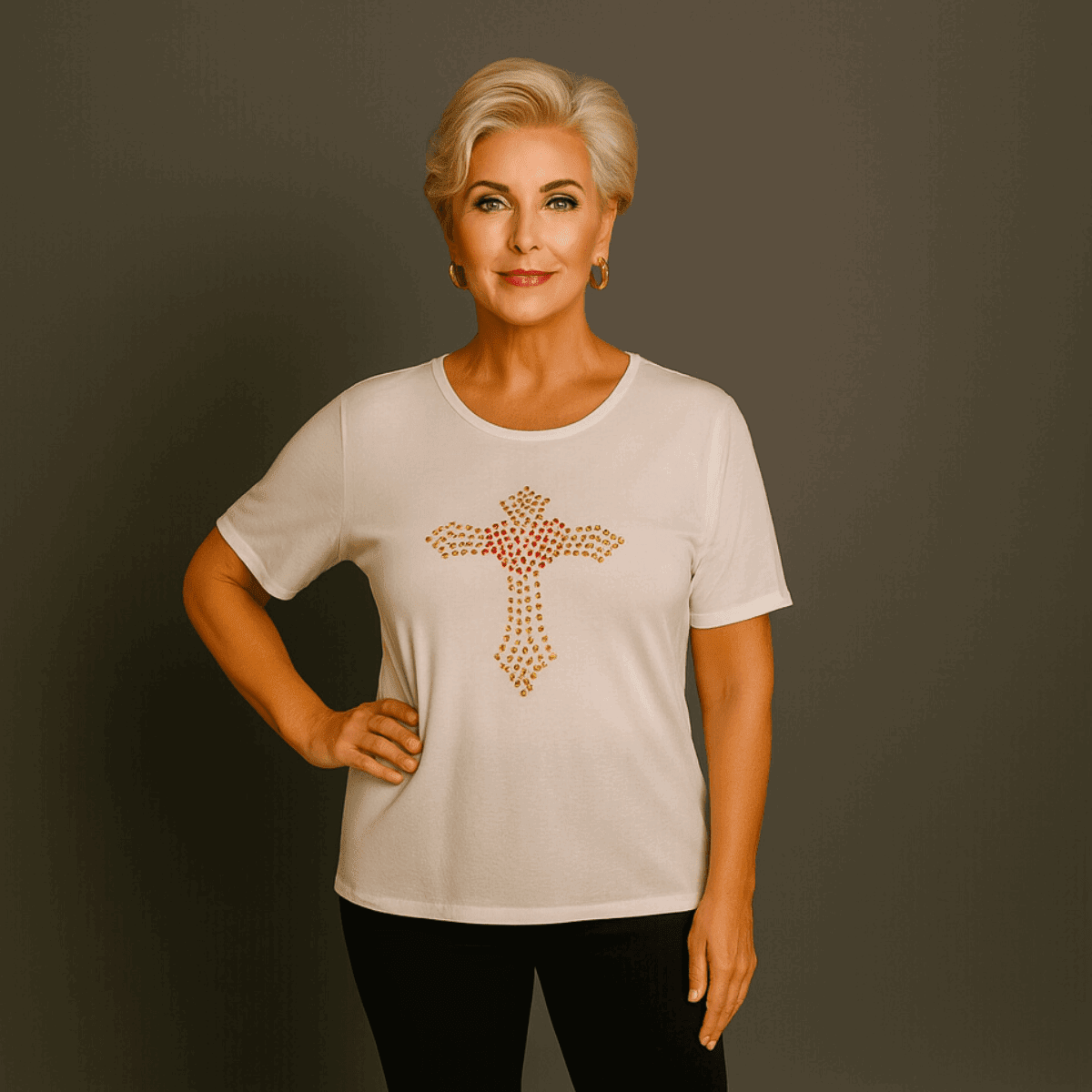 Soft Stretchy Short Sleeve Cross Studded Top - FullFab