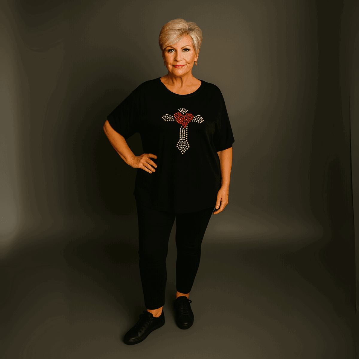 Soft Stretchy Short Sleeve Cross Studded Top - FullFab