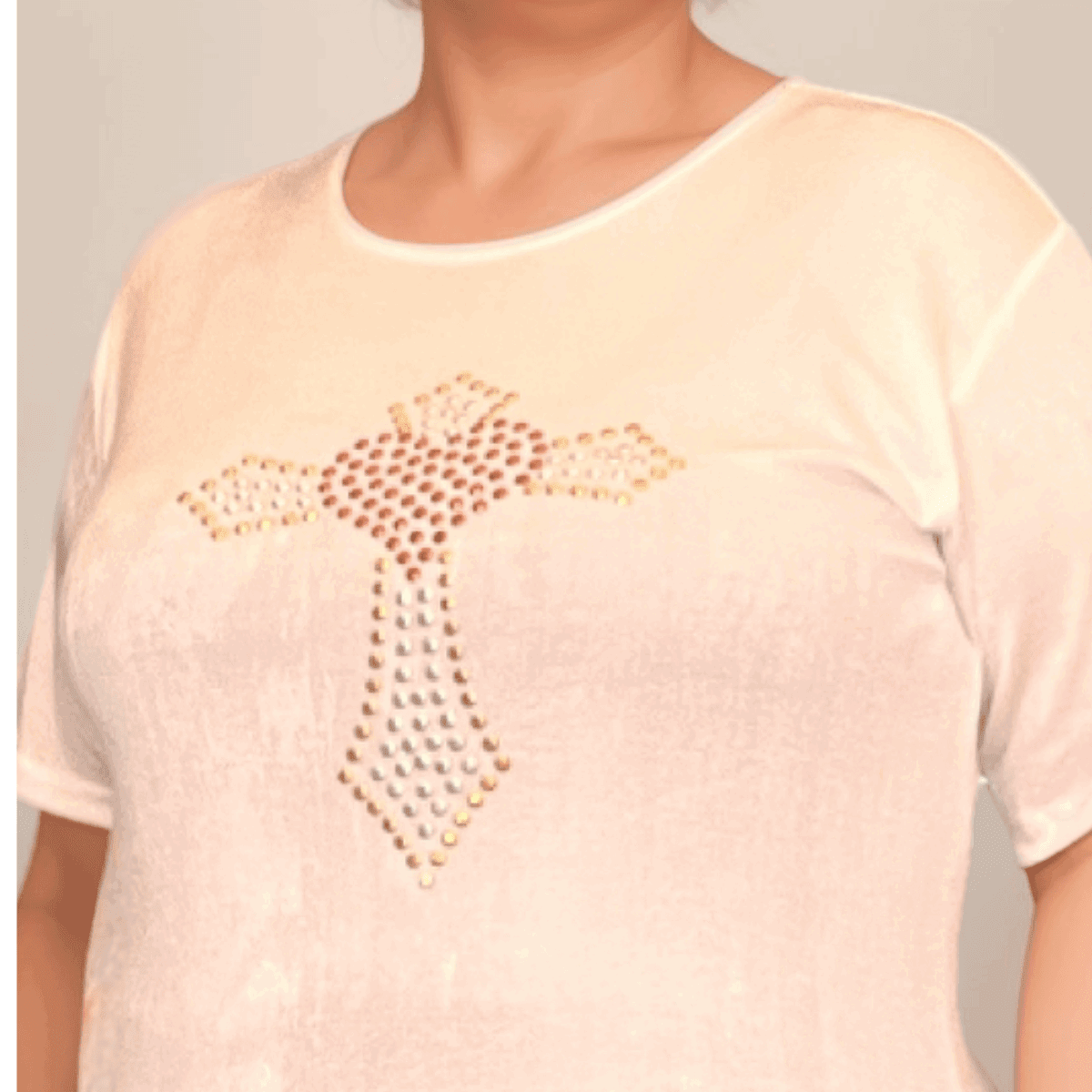 Soft Stretchy Short Sleeve Cross Studded Top - FullFab