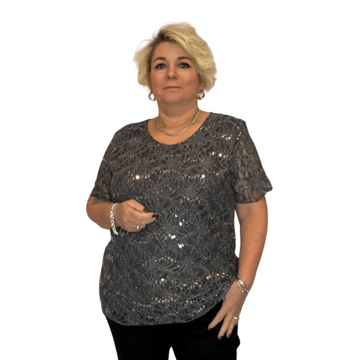 ROCKTHOSECURVES SEQUIN AND LACE SHORT SLEEVE BLOUSE / TOP - FullFab